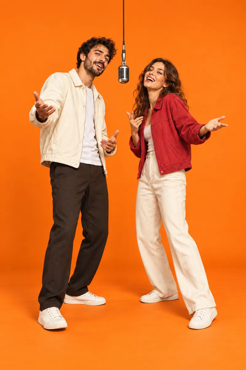 AI concept preview: a couple performing at a hanging microphone in an orange studio.