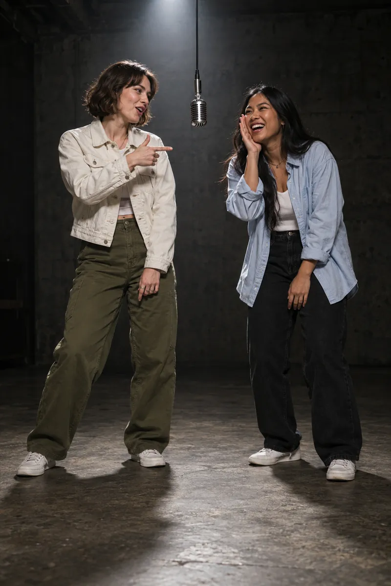 Two adult female friends teasing each other in a rap battle under a spotlight against concrete walls.