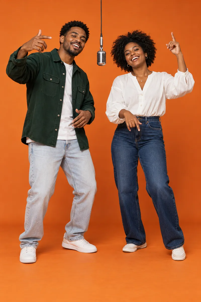 An adult brother and sister with similar features and different outfits performing a shared hook in an orange studio.