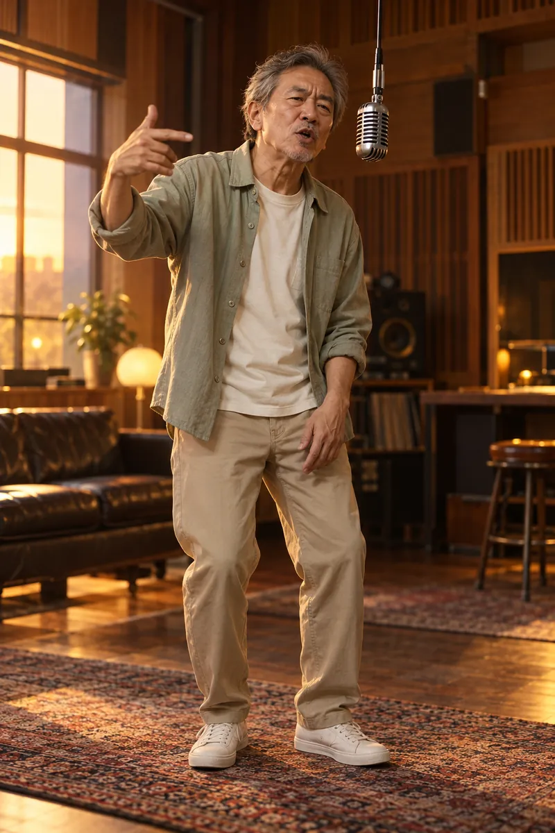 An older man performing solo at a hanging microphone in a warm wood-paneled recording studio.